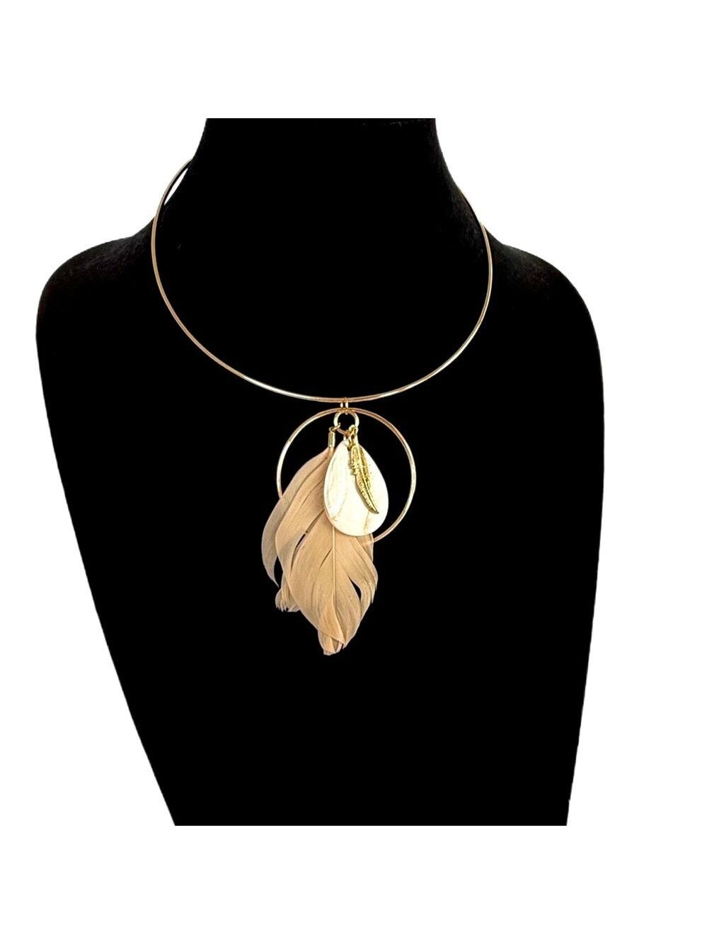 EXPRESS Pink Feather & Stone Gold Wire Collar Necklace | NWOT - Picture 5 of 6